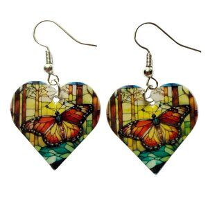 Butterfly Heart Dangle Earrings, Multicolor Resin, Hypoallergenic Fish Hook